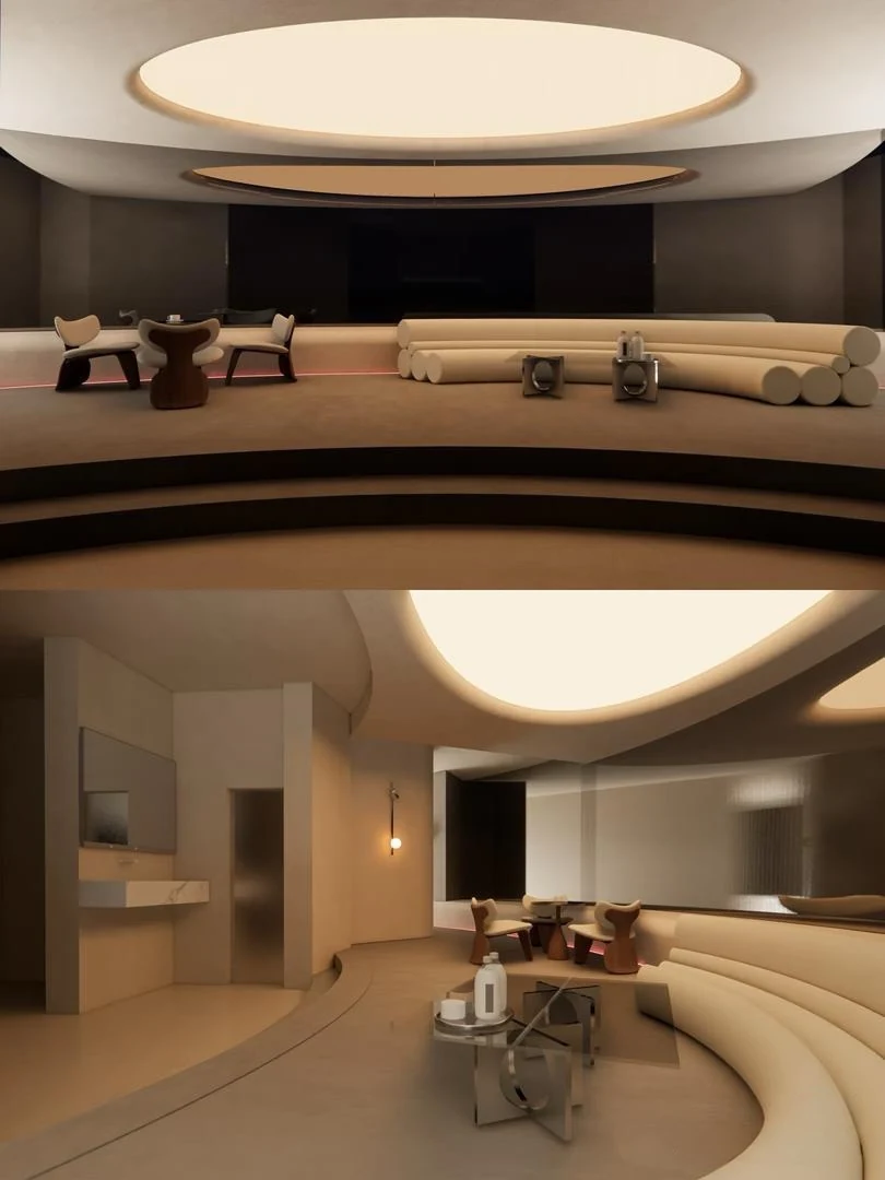 Dark-toned lounge and cinema atmosphere