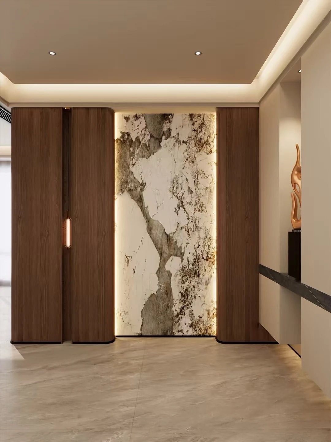 Stone-pattern entrance wall and wood-toned details