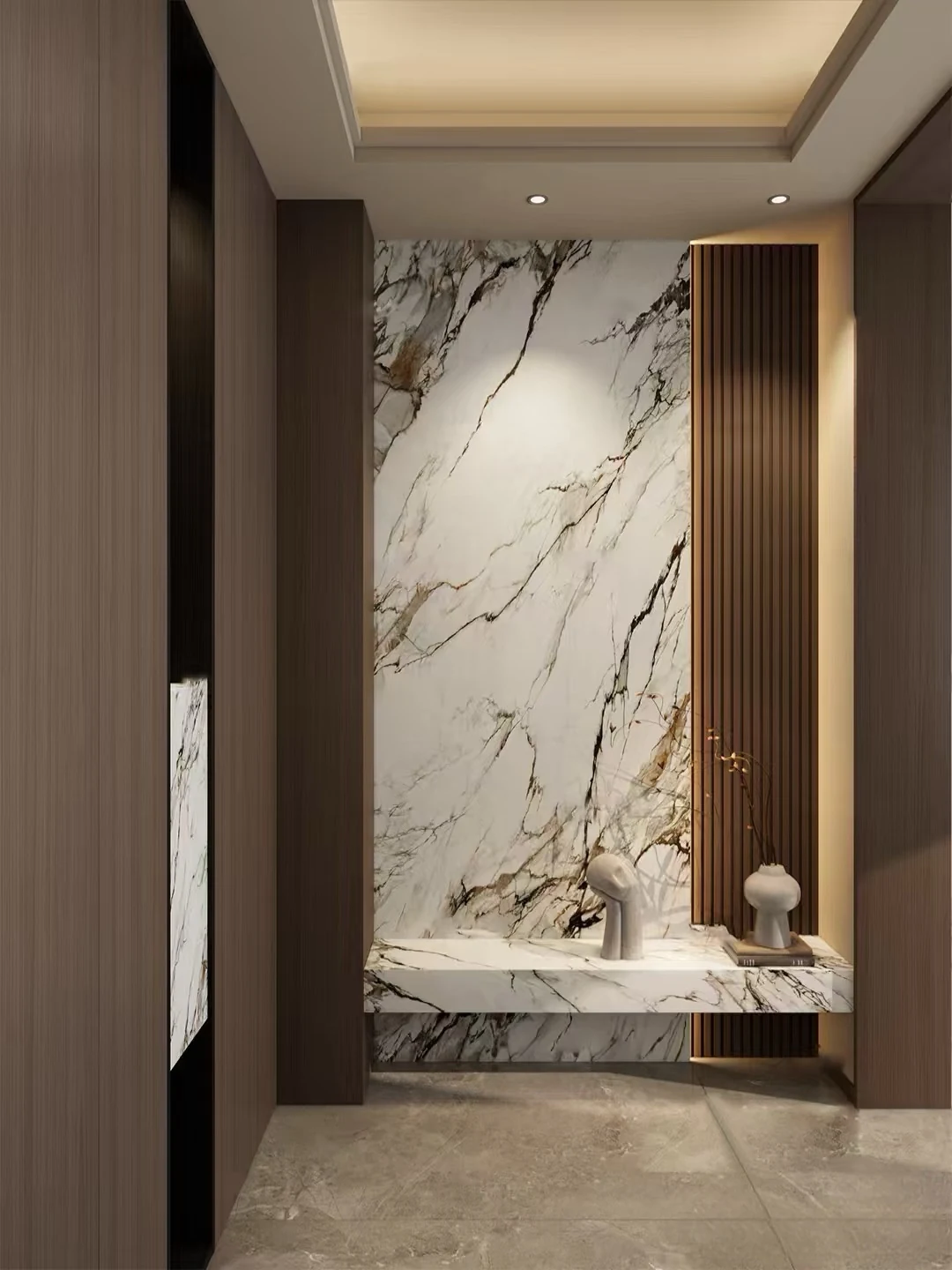 Stone-pattern entrance wall and wood-toned details