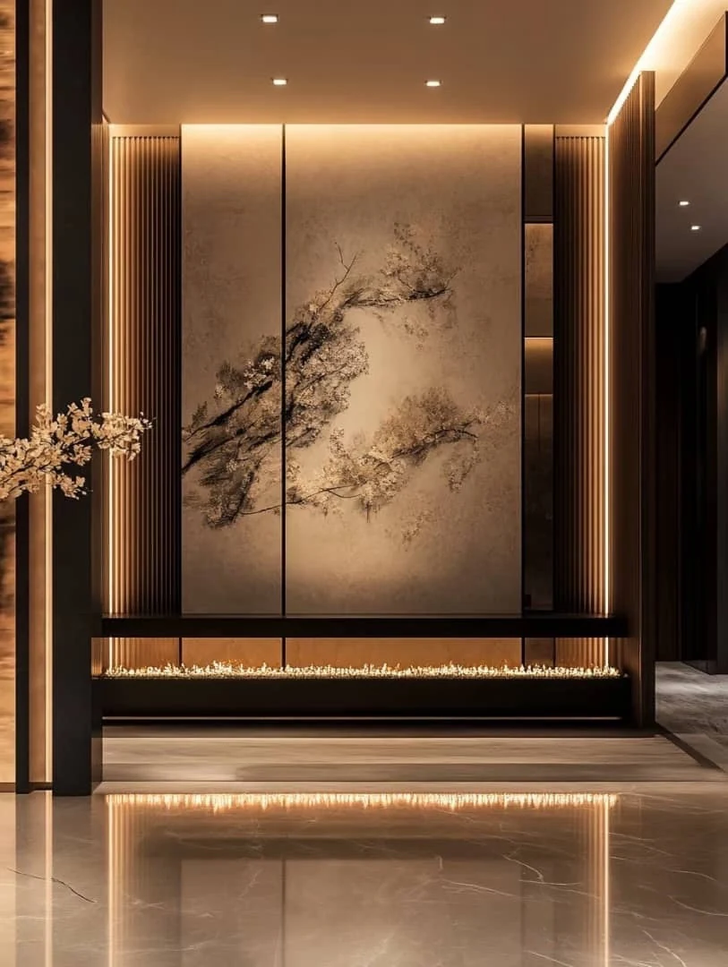 Stone-pattern entrance wall and wood-toned details