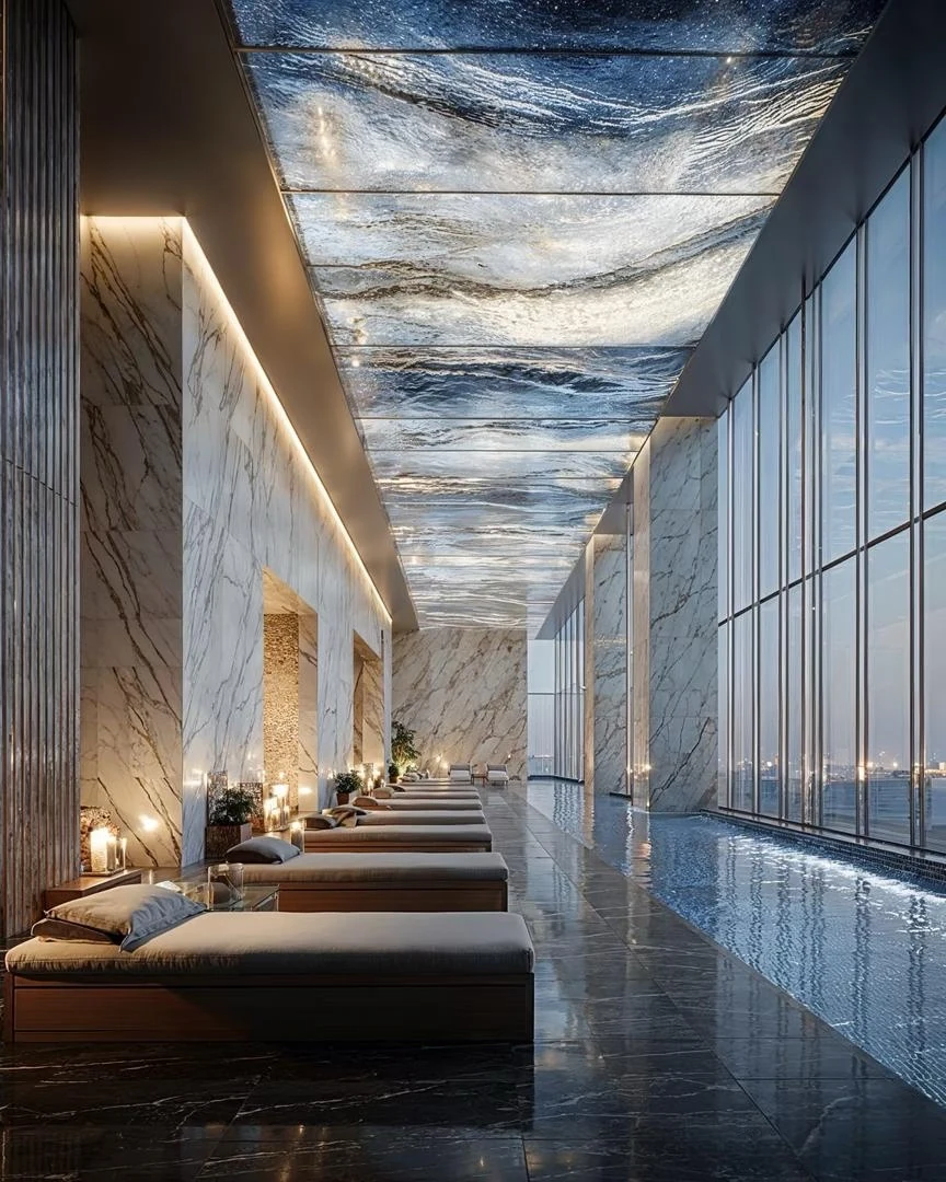 Hospitality lobby: stone, light and seating