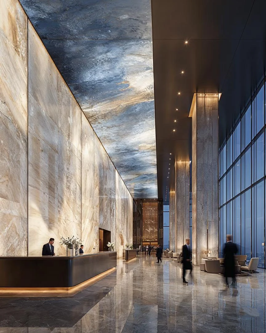 Hospitality lobby: stone, light and seating