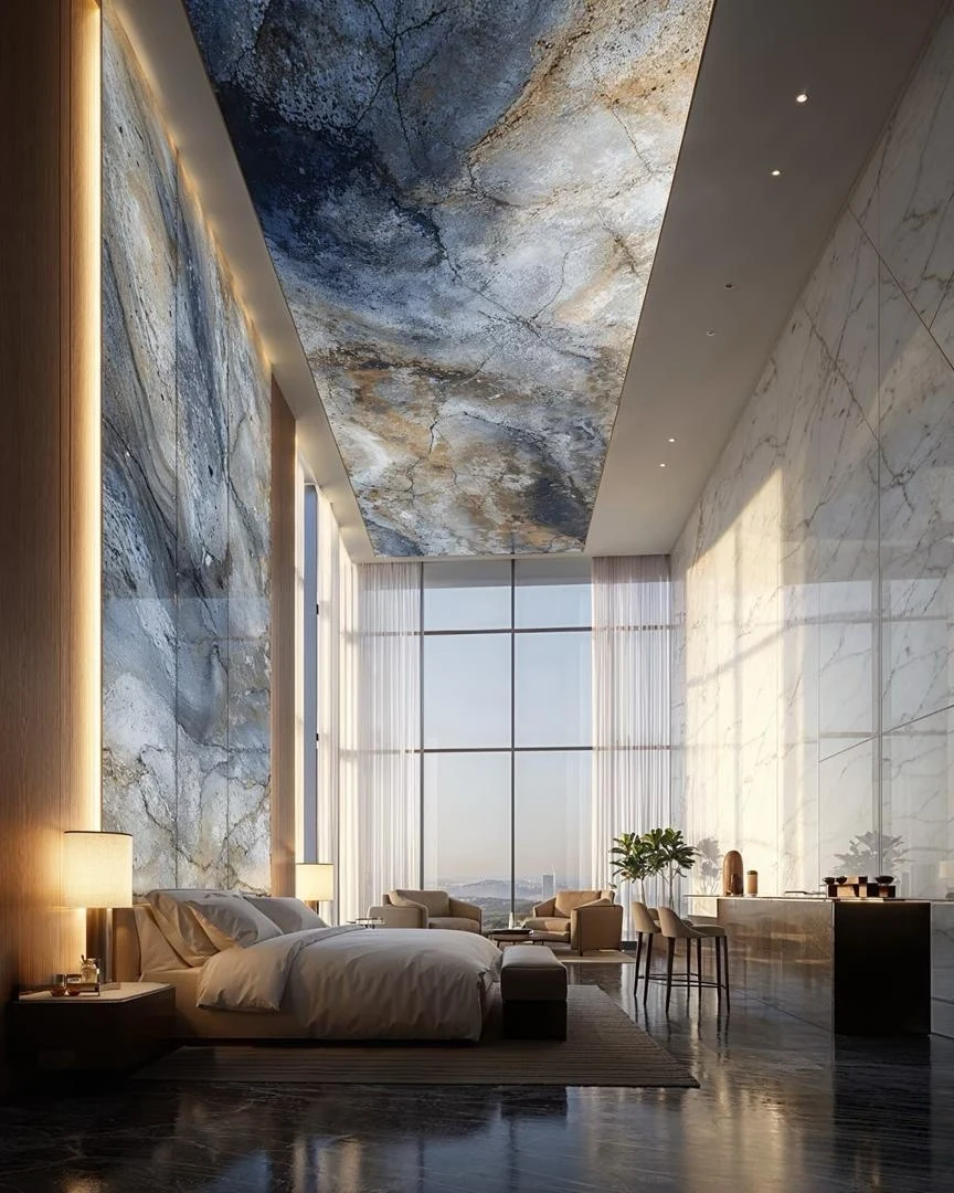 Hospitality lobby: stone, light and seating