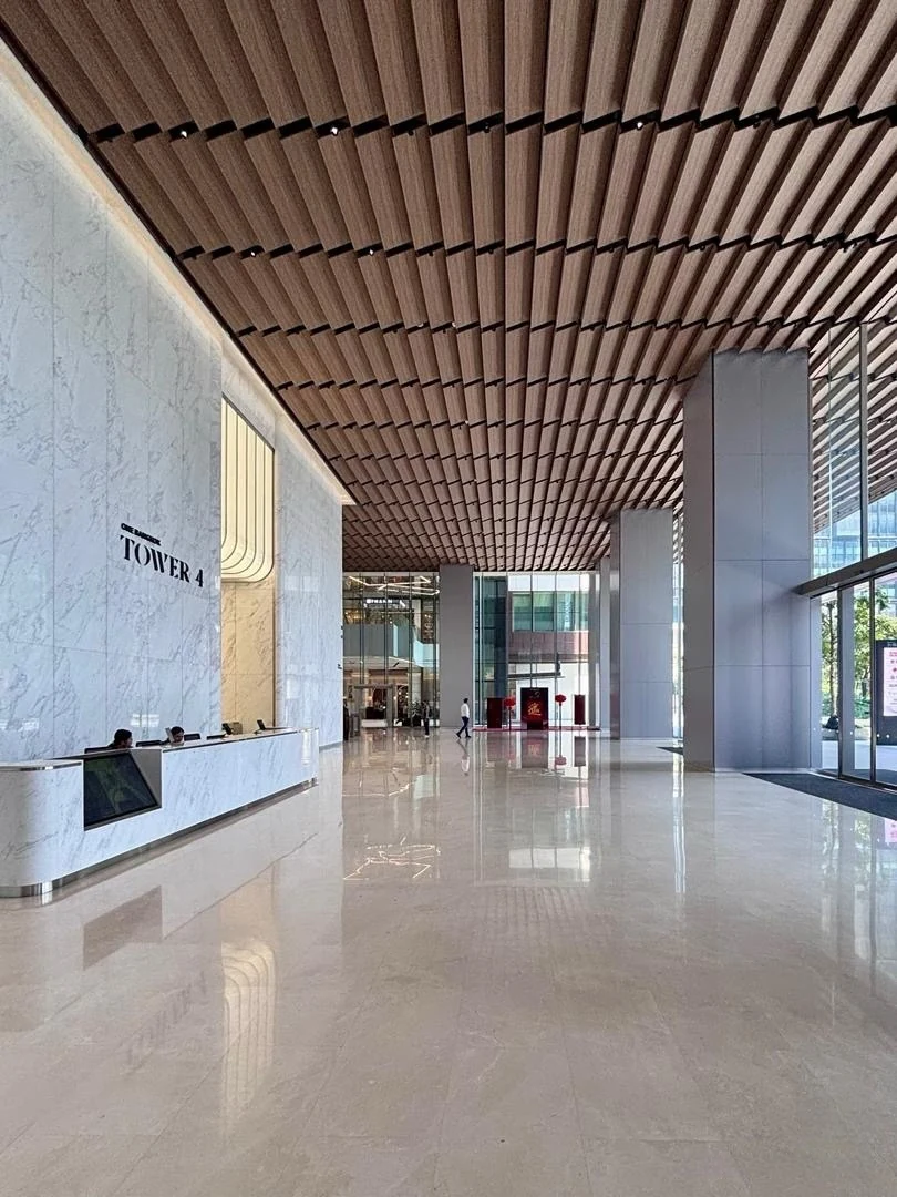 Hospitality lobby: stone, light and seating