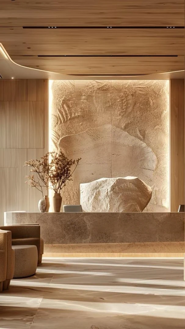 Hospitality lobby: stone, light and seating