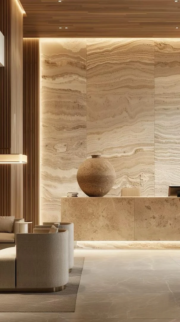 Hospitality lobby: stone, light and seating