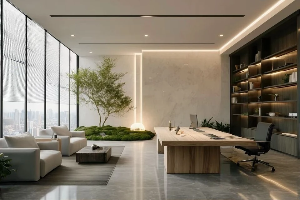 Wood-toned office and meeting interiors