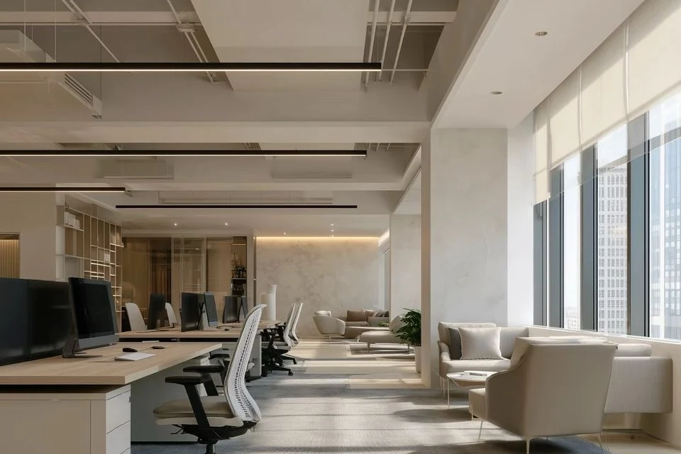 Wood-toned office and meeting interiors