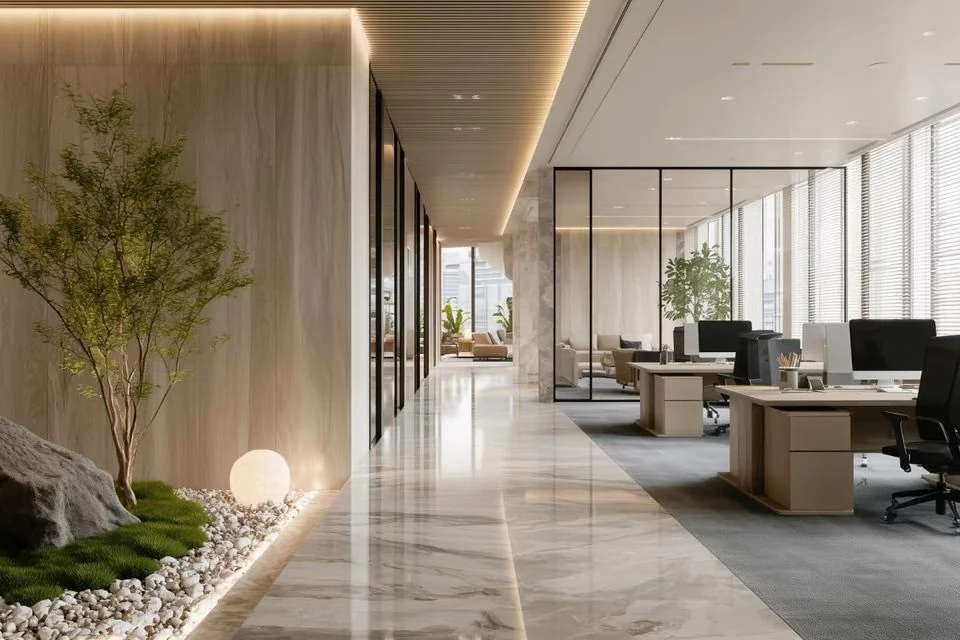 Wood-toned office and meeting interiors