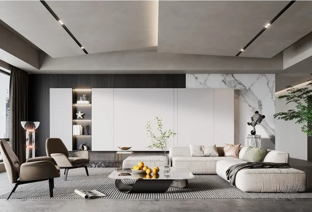 Floating panels & a stone-pattern return