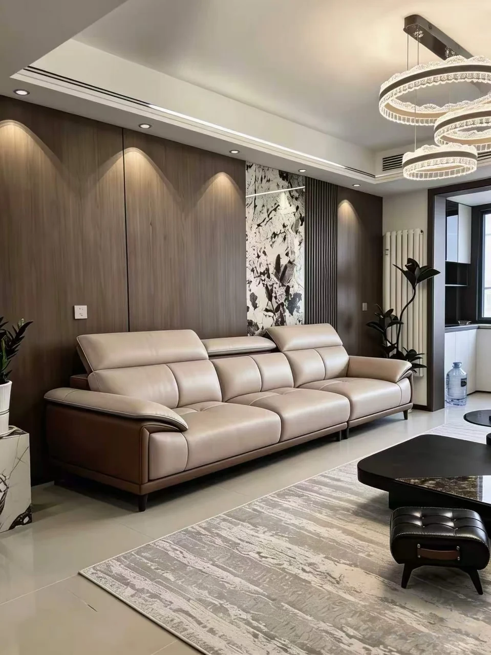 Living room with a stone accent